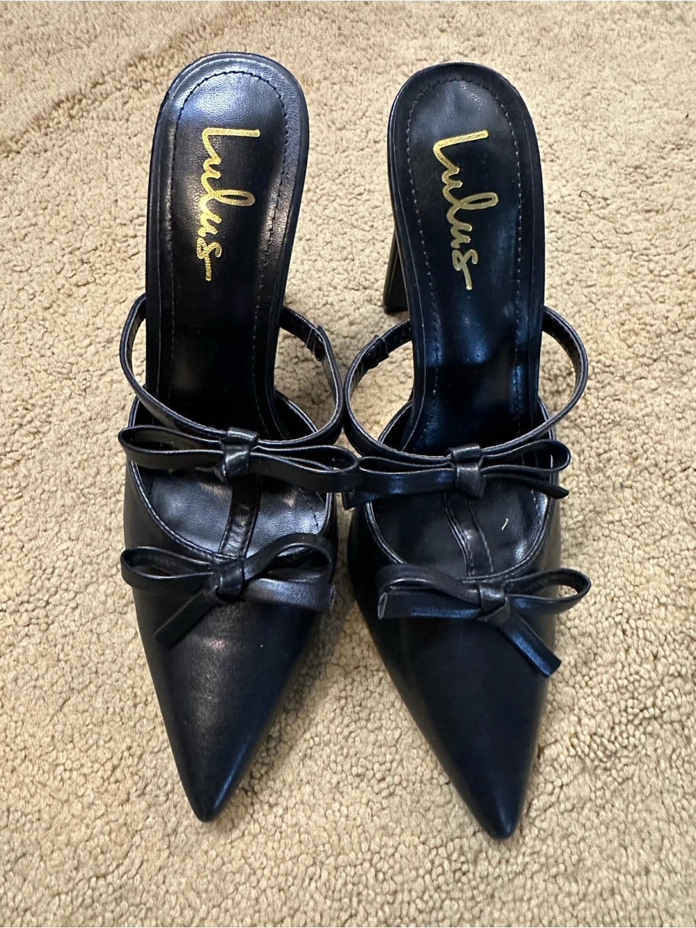 Lulu's Black Pointed Toe Bow Strap Mules